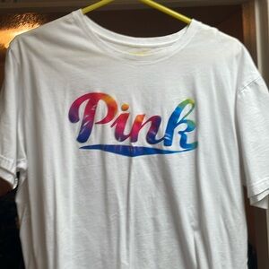 Tie-dye PINK labeled white tee